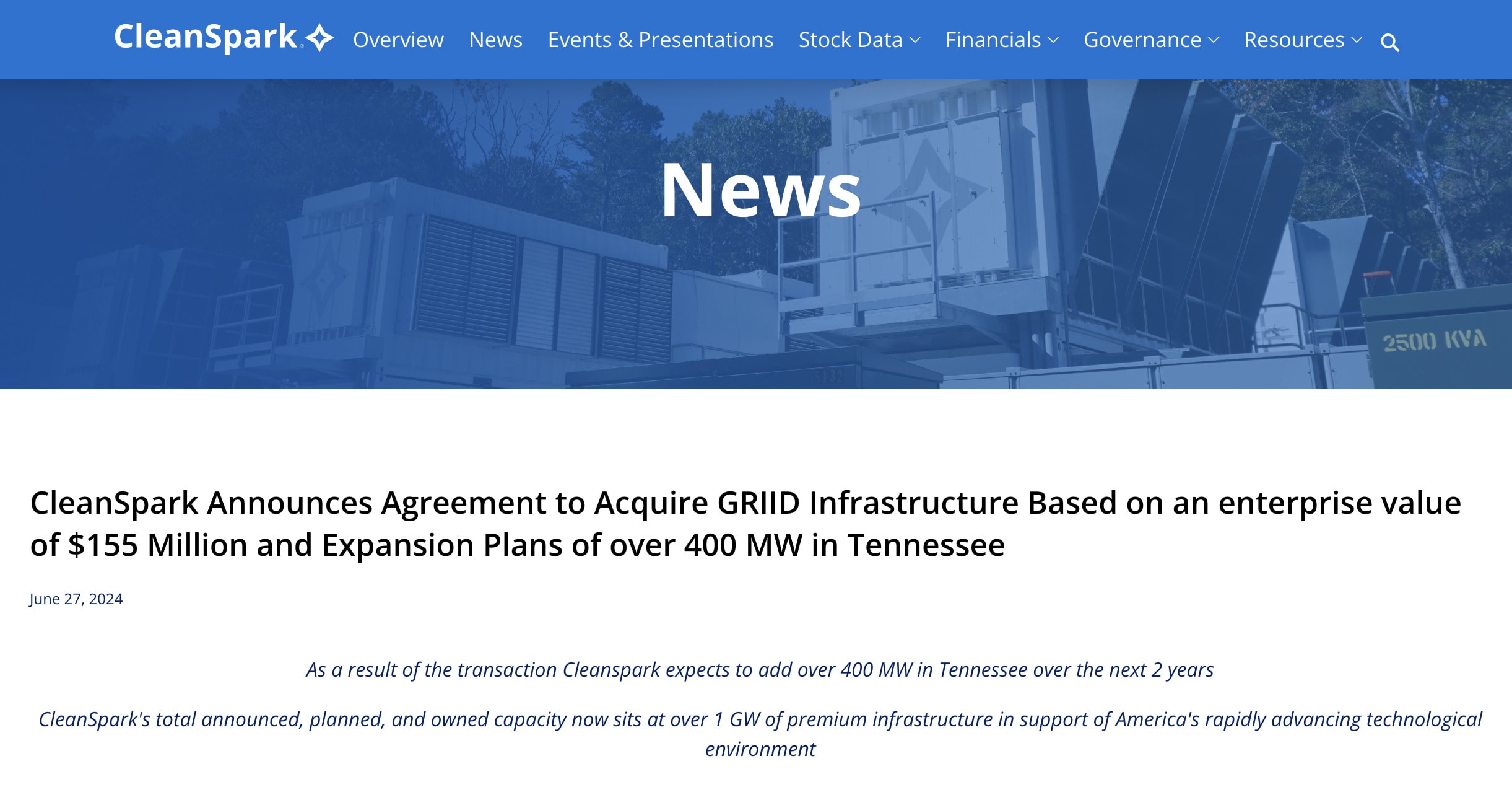 CleanSpark Acquires GRIID for $155M, Expands 400 MW in Tennessee