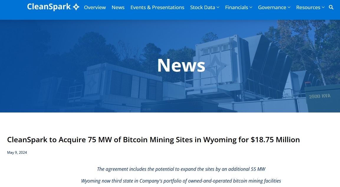 CleanSpark to Acquire 75 MW Bitcoin Mining Sites in Wyoming